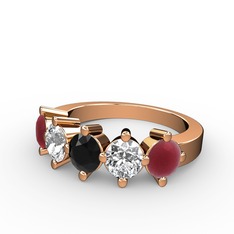 5 Taşlı Yüzük - Siyah zirkon, swarovski ve kök yakut 18 ayar rose altın yüzük #xyhc9b