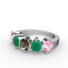 5 Taşlı Yüzük - Dumanlı kuvars, kök zümrüt ve pembe kuvars 18 ayar beyaz altın yüzük #yrk40m