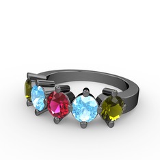 5 Taşlı Yüzük - Rodolit garnet, akuamarin ve peridot 925 ayar siyah rodyum kaplama gümüş yüzük #zjbu8p