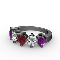 5 Taşlı Yüzük - Garnet, pırlanta ve ametist 925 ayar siyah rodyum kaplama gümüş yüzük (1.32 karat) #zptbd9