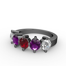 5 Taşlı Yüzük - Garnet, ametist ve swarovski 925 ayar siyah rodyum kaplama gümüş yüzük #zvoe2s