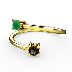 Kök zümrüt ve dumanlı kuvars 14 ayar altın yüzük