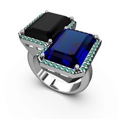 Avis Yüzük - Siyah zirkon, lab safir ve yeşil kuvars 18 ayar beyaz altın yüzük #109833i