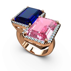 Lab safir, pembe kuvars ve akuamarin 18 ayar rose altın yüzük