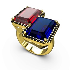 Garnet, lab safir ve siyah zirkon 18 ayar altın yüzük