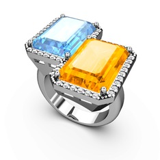 Akuamarin, sitrin ve swarovski 18 ayar beyaz altın yüzük