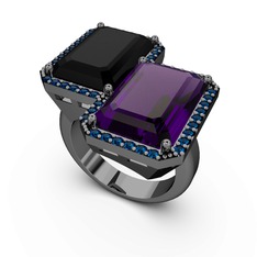 Avis Yüzük - Siyah zirkon, ametist ve lab safir 925 ayar siyah rodyum kaplama gümüş yüzük #11nt0sc