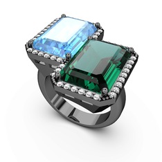 Avis Yüzük - Akuamarin, yeşil kuvars ve swarovski 925 ayar siyah rodyum kaplama gümüş yüzük #11t6kyz