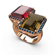 Garnet, dumanlı kuvars ve lab safir 18 ayar rose altın yüzük
