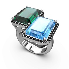 Yeşil kuvars, akuamarin ve siyah zirkon 18 ayar beyaz altın yüzük