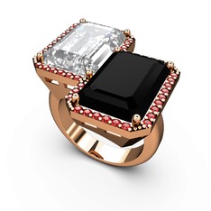 Beyaz zirkon, siyah zirkon ve garnet 14 ayar rose altın yüzük