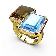 Dumanlı kuvars, akuamarin ve pembe kuvars 14 ayar altın yüzük