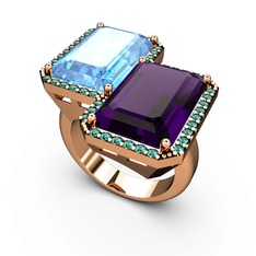 Avis Yüzük - Akuamarin, ametist ve yeşil kuvars 14 ayar rose altın yüzük #14zlt6