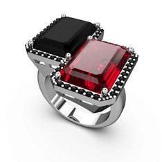 Avis Yüzük - Siyah zirkon ve garnet 18 ayar beyaz altın yüzük #15ch2vj