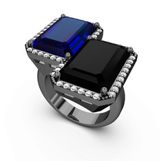 Avis Yüzük - Lab safir, siyah zirkon ve swarovski 925 ayar siyah rodyum kaplama gümüş yüzük #16yumyp