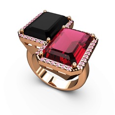Siyah zirkon, rodolit garnet ve pembe kuvars 18 ayar rose altın yüzük