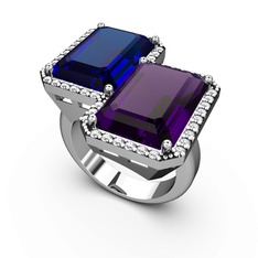 Lab safir, ametist ve swarovski 14 ayar beyaz altın yüzük