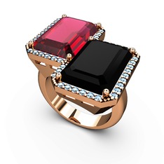 Rodolit garnet, siyah zirkon ve akuamarin 14 ayar rose altın yüzük