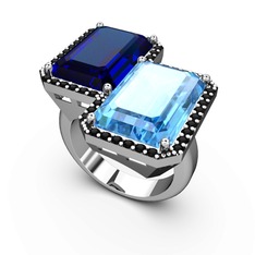 Lab safir, akuamarin ve siyah zirkon 8 ayar beyaz altın yüzük