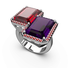 Garnet ve ametist 18 ayar beyaz altın yüzük