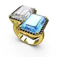 Beyaz zirkon, akuamarin ve siyah zirkon 8 ayar altın yüzük