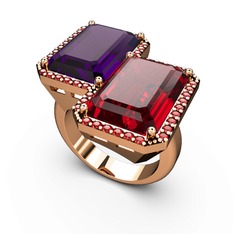 Ametist ve garnet 925 ayar rose altın kaplama gümüş yüzük