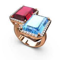 Rodolit garnet, akuamarin ve swarovski 8 ayar rose altın yüzük