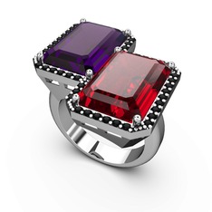 Ametist, garnet ve siyah zirkon 925 ayar gümüş yüzük