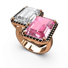 Beyaz zirkon, pembe kuvars ve siyah zirkon 8 ayar rose altın yüzük