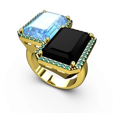 Akuamarin, siyah zirkon ve yeşil kuvars 14 ayar altın yüzük