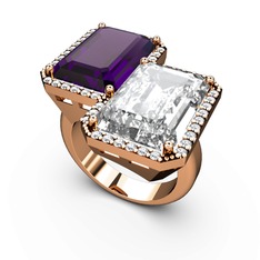 Ametist, beyaz zirkon ve swarovski 8 ayar rose altın yüzük