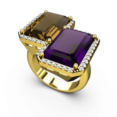 Avis Yüzük - Dumanlı kuvars, ametist ve swarovski 14 ayar altın yüzük #1g969ka