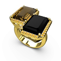 Dumanlı kuvars, siyah zirkon ve sitrin 14 ayar altın yüzük