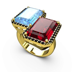 Akuamarin, garnet ve siyah zirkon 14 ayar altın yüzük