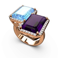 Akuamarin, ametist ve swarovski 18 ayar rose altın yüzük