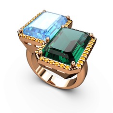 Akuamarin, yeşil kuvars ve sitrin 14 ayar rose altın yüzük