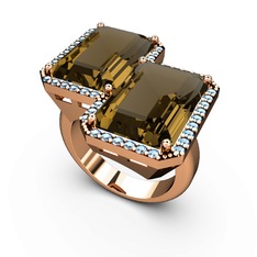 Dumanlı kuvars ve akuamarin 14 ayar rose altın yüzük