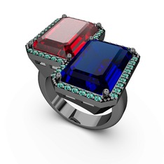 Avis Yüzük - Garnet, lab safir ve yeşil kuvars 925 ayar siyah rodyum kaplama gümüş yüzük #1itauim