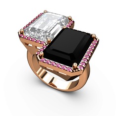 Beyaz zirkon, siyah zirkon ve rodolit garnet 925 ayar rose altın kaplama gümüş yüzük