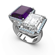 Ametist, beyaz zirkon ve akuamarin 14 ayar beyaz altın yüzük