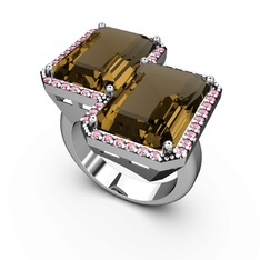 Dumanlı kuvars ve pembe kuvars 14 ayar beyaz altın yüzük