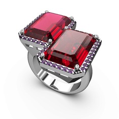 Rodolit garnet, garnet ve ametist 8 ayar beyaz altın yüzük
