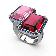 Pembe kuvars, rodolit garnet ve lab safir 18 ayar beyaz altın yüzük