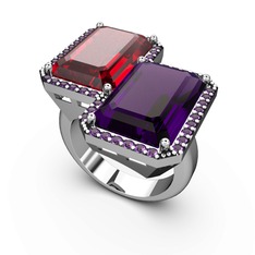Garnet ve ametist 8 ayar beyaz altın yüzük