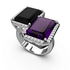 Siyah zirkon, ametist ve swarovski 8 ayar beyaz altın yüzük