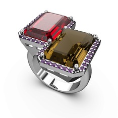 Garnet, dumanlı kuvars ve ametist 8 ayar beyaz altın yüzük