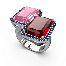 Pembe kuvars, garnet ve lab safir 18 ayar beyaz altın yüzük