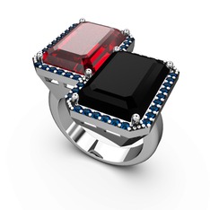 Garnet, siyah zirkon ve lab safir 18 ayar beyaz altın yüzük