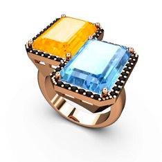 Avis Yüzük - Sitrin, akuamarin ve siyah zirkon 925 ayar rose altın kaplama gümüş yüzük #1pzymkb