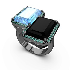 Avis Yüzük - Akuamarin, siyah zirkon ve yeşil kuvars 925 ayar siyah rodyum kaplama gümüş yüzük #1q41nsl